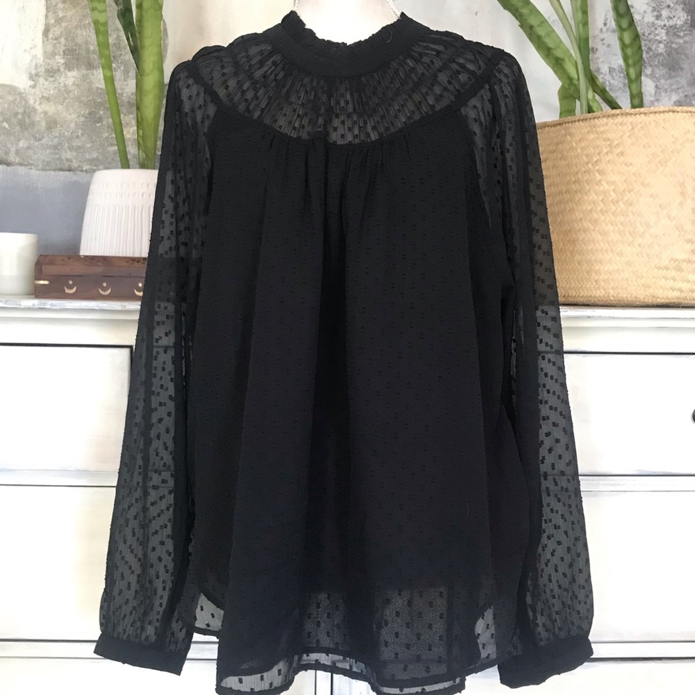 NWT! Ann Taylor Loft Black Swiss Dot Ruffle Collar Blouse Xl